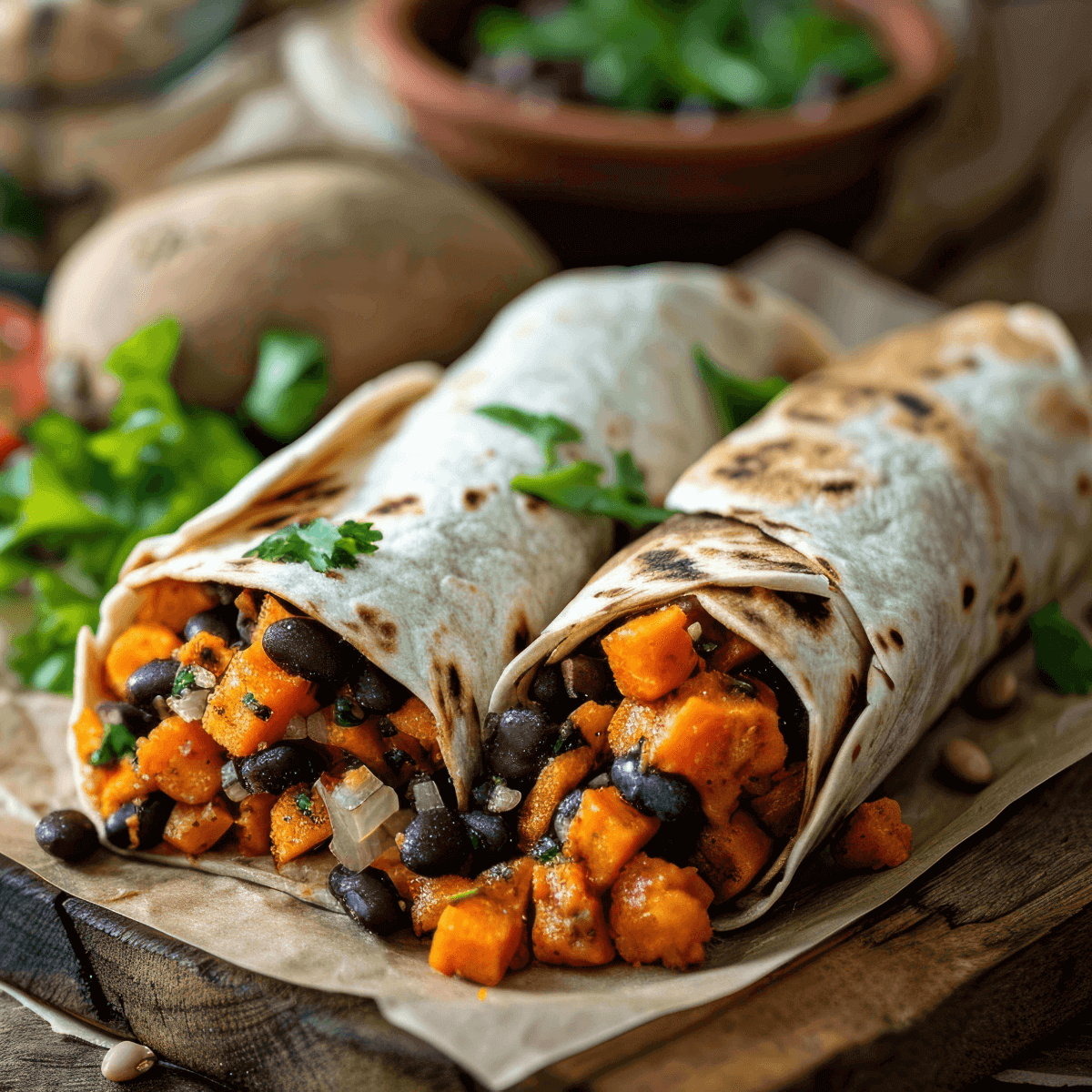 Sweet Potato and Black Bean Burrito with sweet potatoes and veggies against market background
