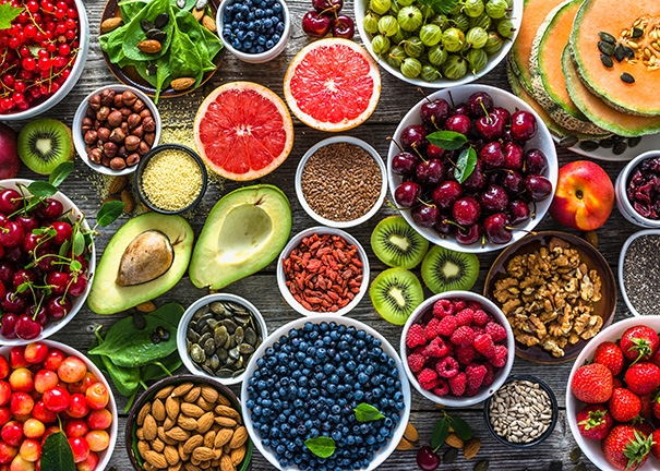 Colorful array of fruits, vegetables and nuts.