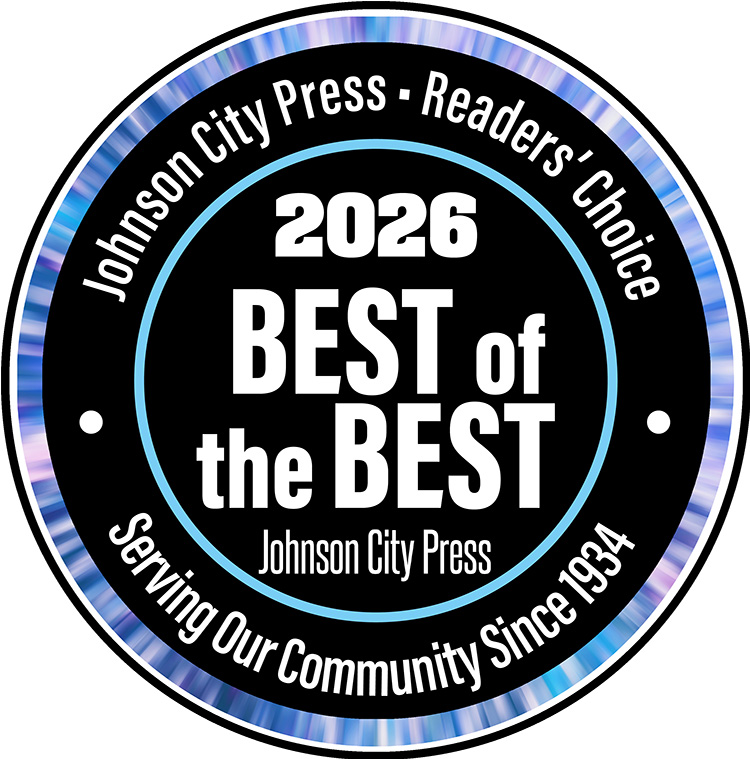 Blue, white and black graphic with white text stating, “Johnson City Press Readers’ Choice 2026 Best of the Best. Serving Our Community Since 1934.”